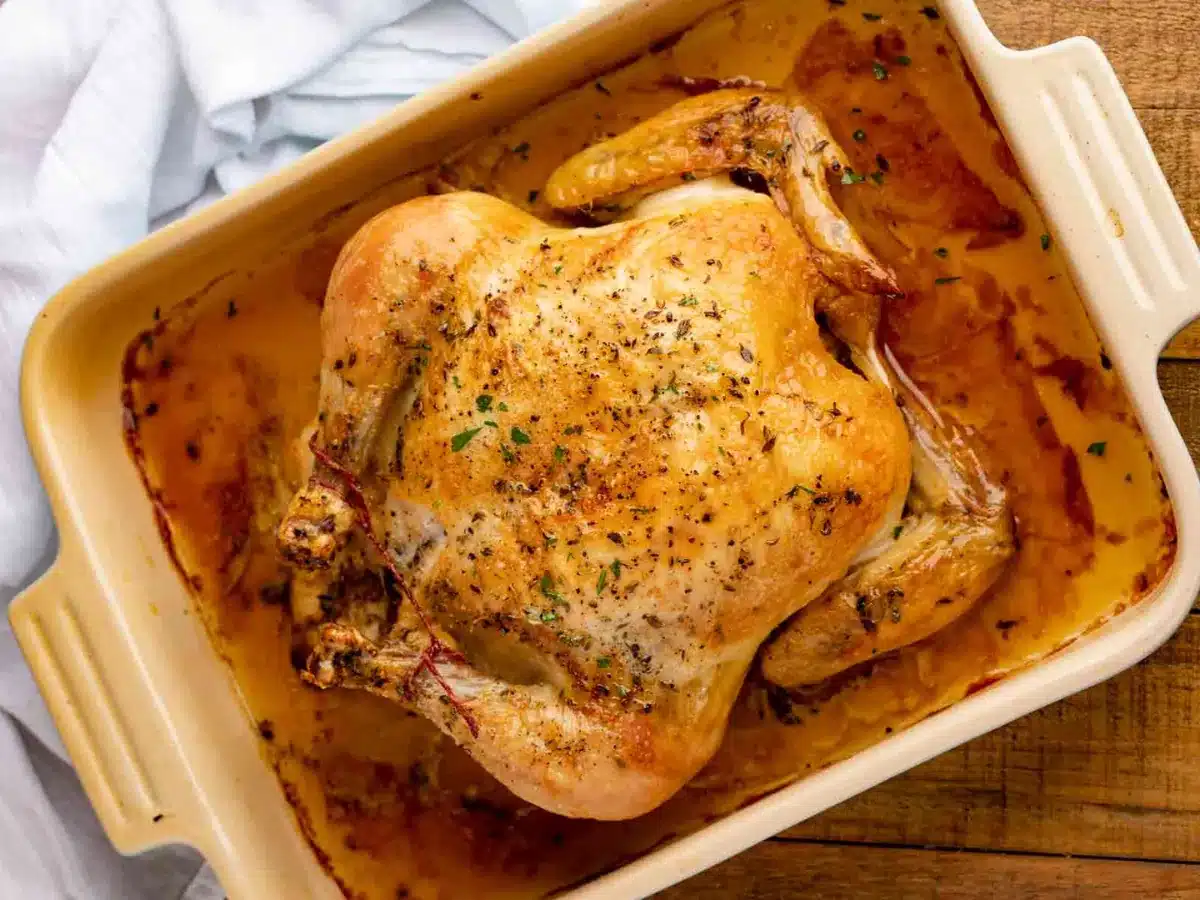 top down view of whole roasted chicken 