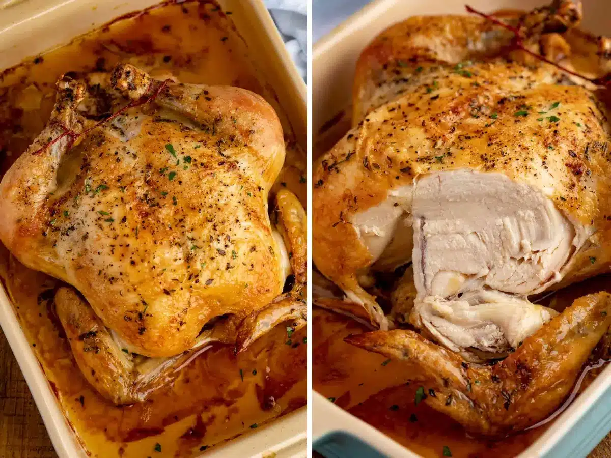 collage of chicken in pan and being sliced 