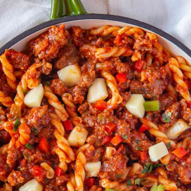 Pasta in a green pan