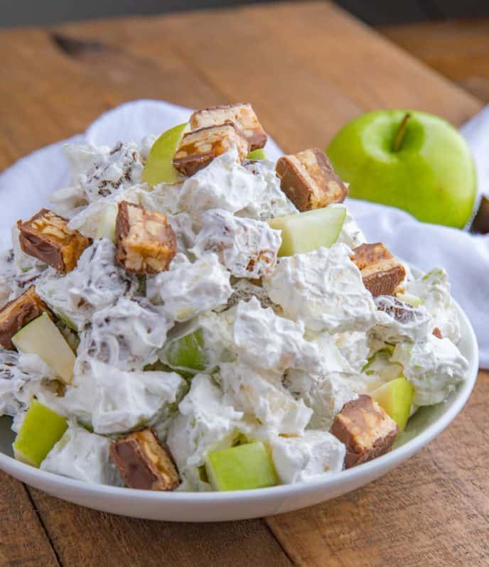 Apple Snickers Salad in a white bowl