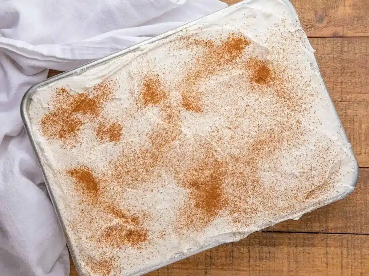 cake in baking dish with whipped cream and cinnamon