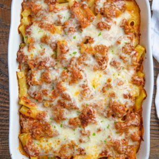 Baking pan of baked ziti casserole