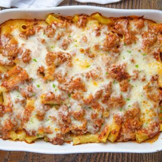 Baking pan of baked pasta casserole