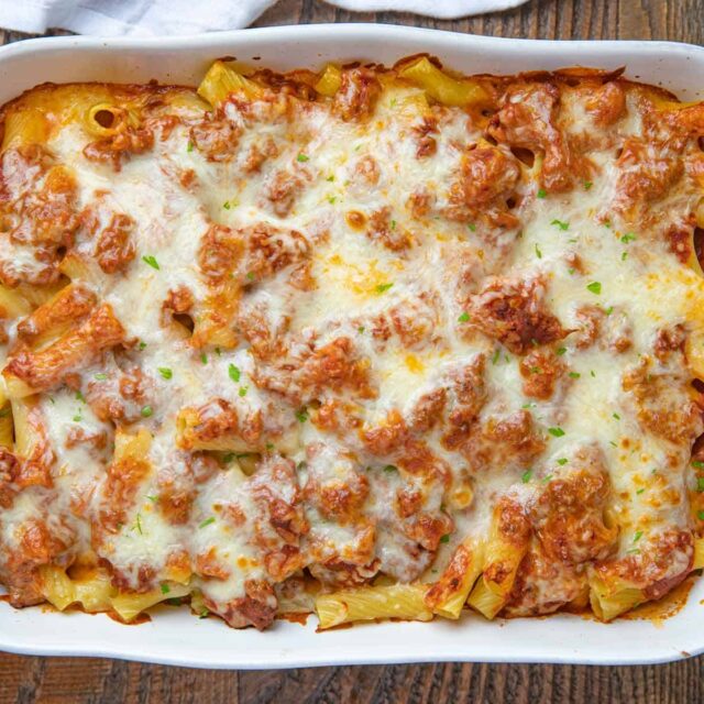 Baking pan of baked pasta casserole