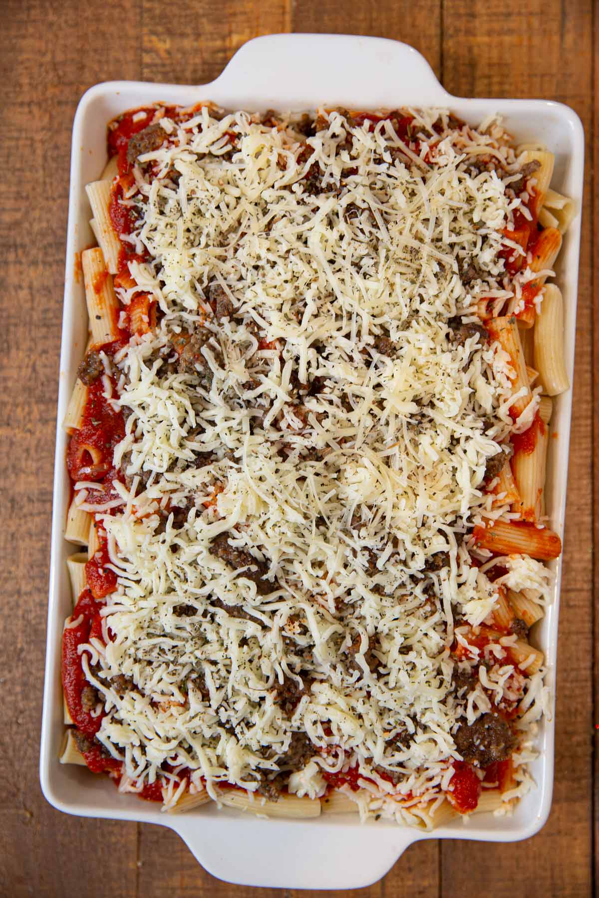 Baked Ziti before baking in baking pan