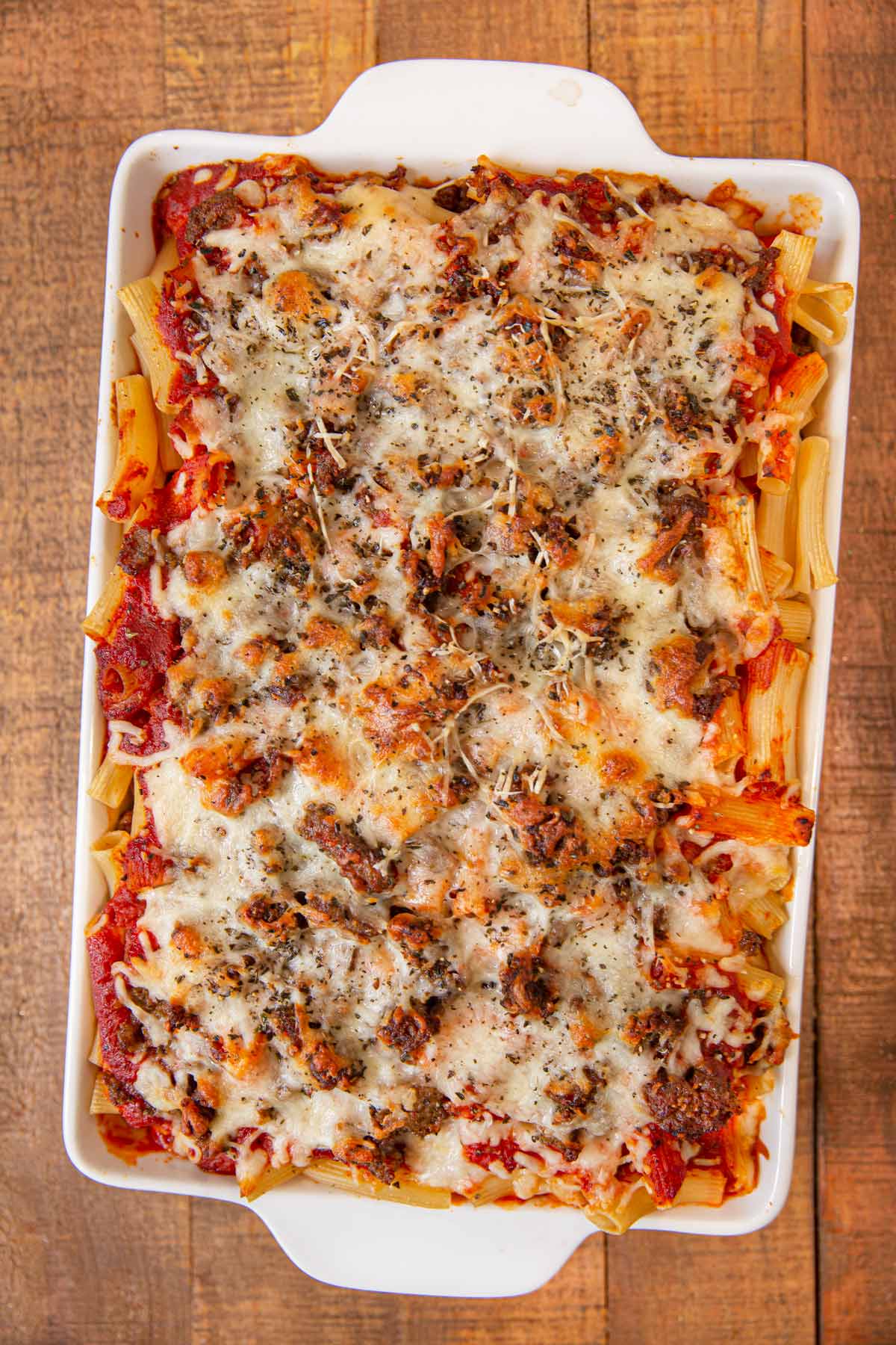 Baked Ziti in baking pan after baking