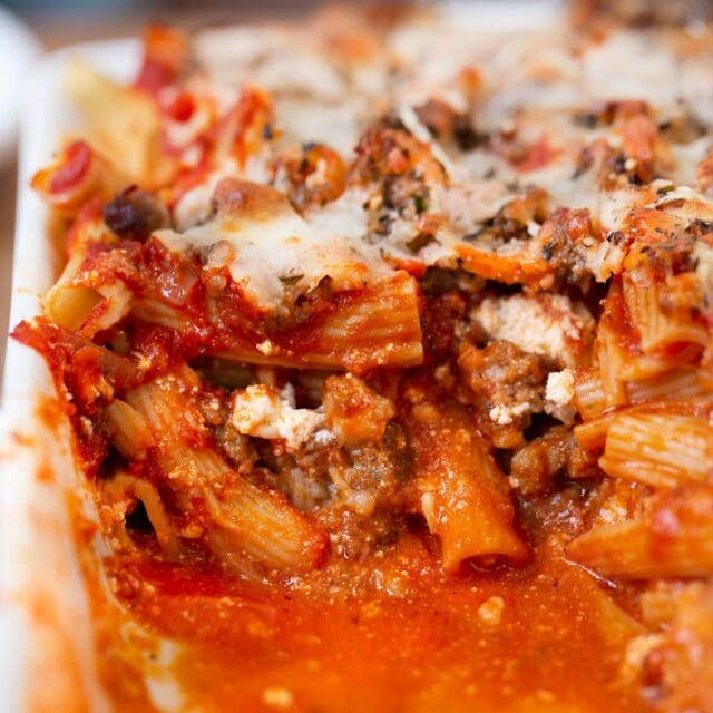 Cross section of Baked Ziti in baking pan