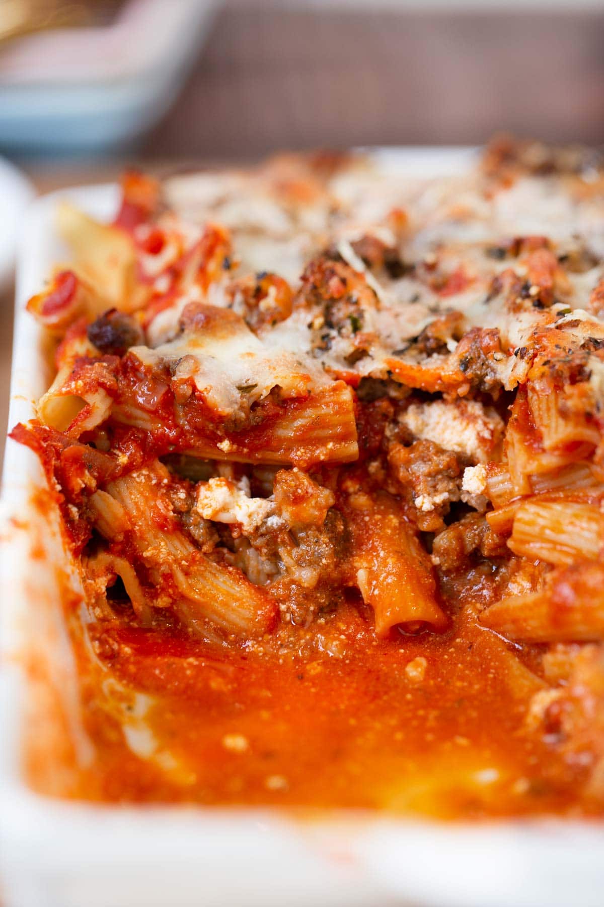 Cross section of Baked Ziti in baking pan