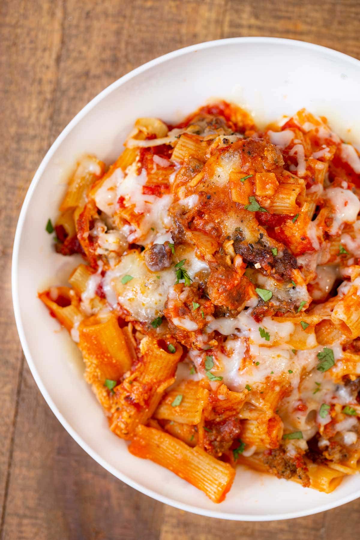 top down shot of baked ziti in bowl