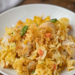 Chicken Noodle Casserole spooned onto a plate