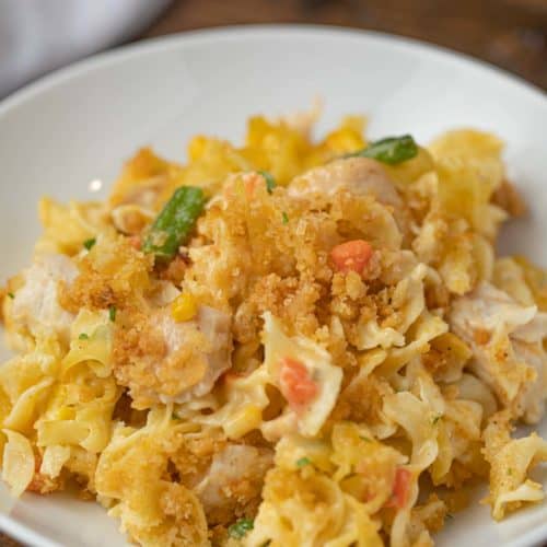 penne pasta chicken casserole with ritz cracker topping
