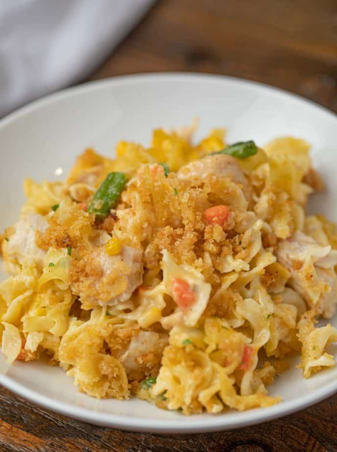 Chicken Noodle Casserole spooned onto a plate