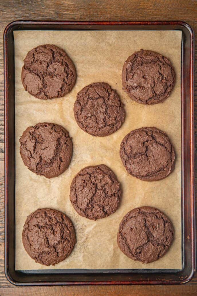 Chocolate Cake Mix Cookies on a Baking Sheet