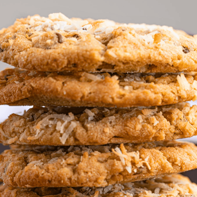 stack of cookies with chocolate and coconut