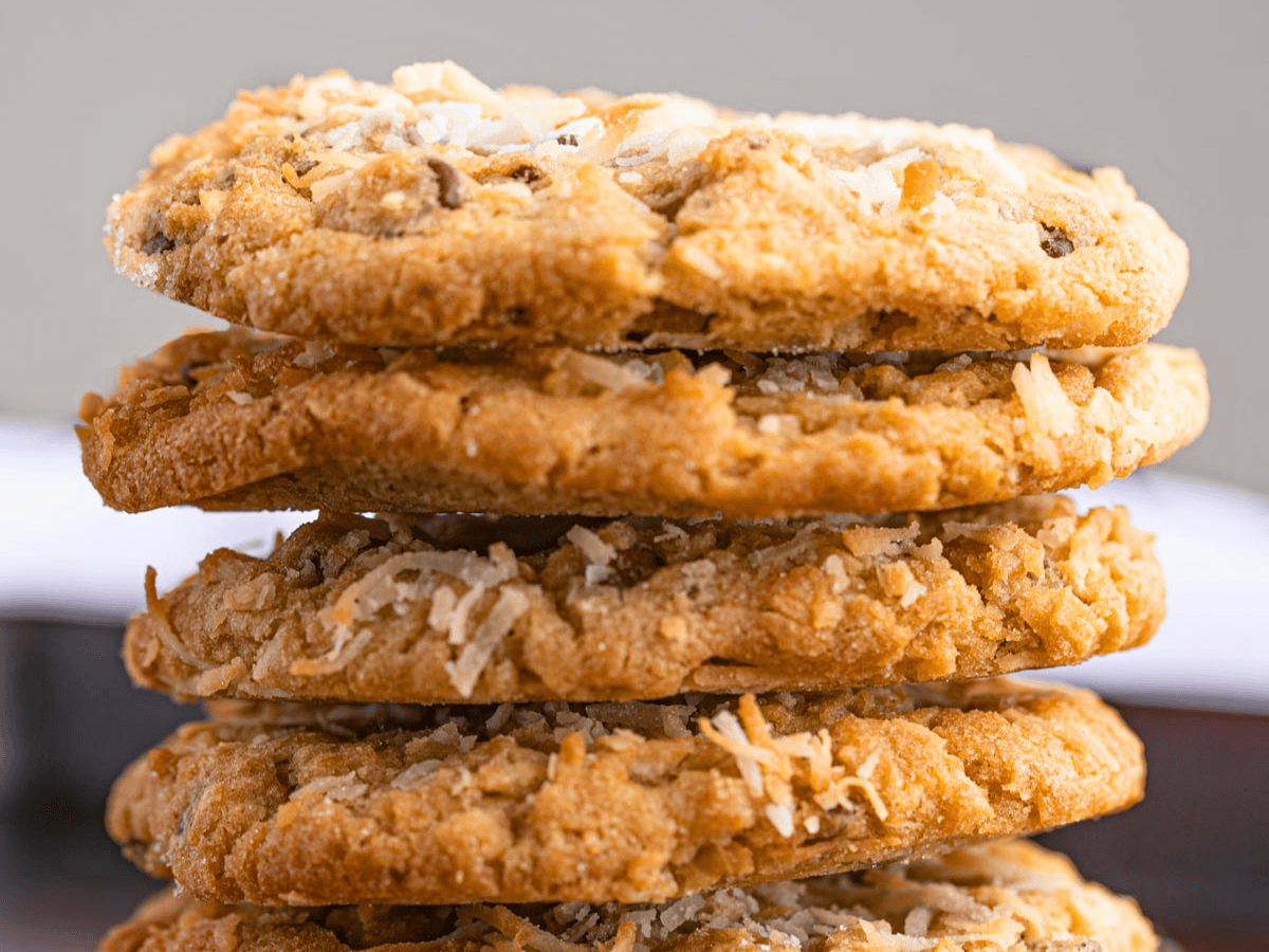 stack of cookies with chocolate and coconut