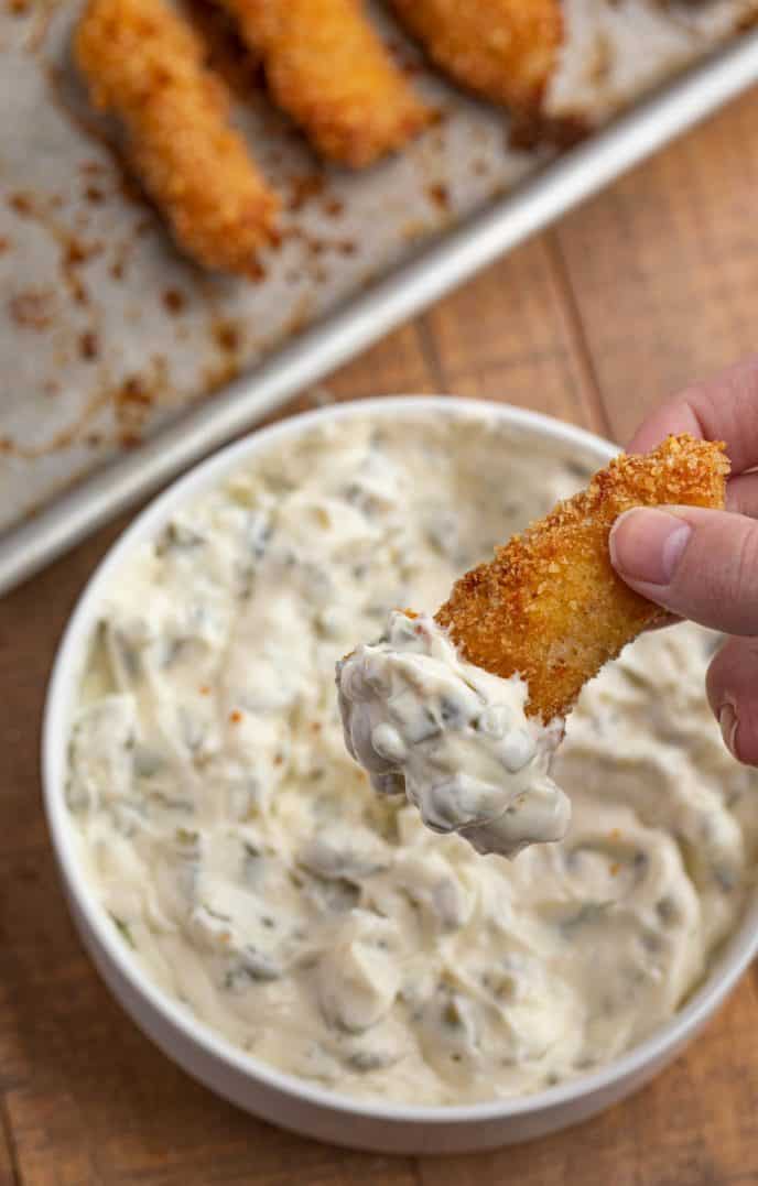 Fish Stick dipped in Tartar Sauce