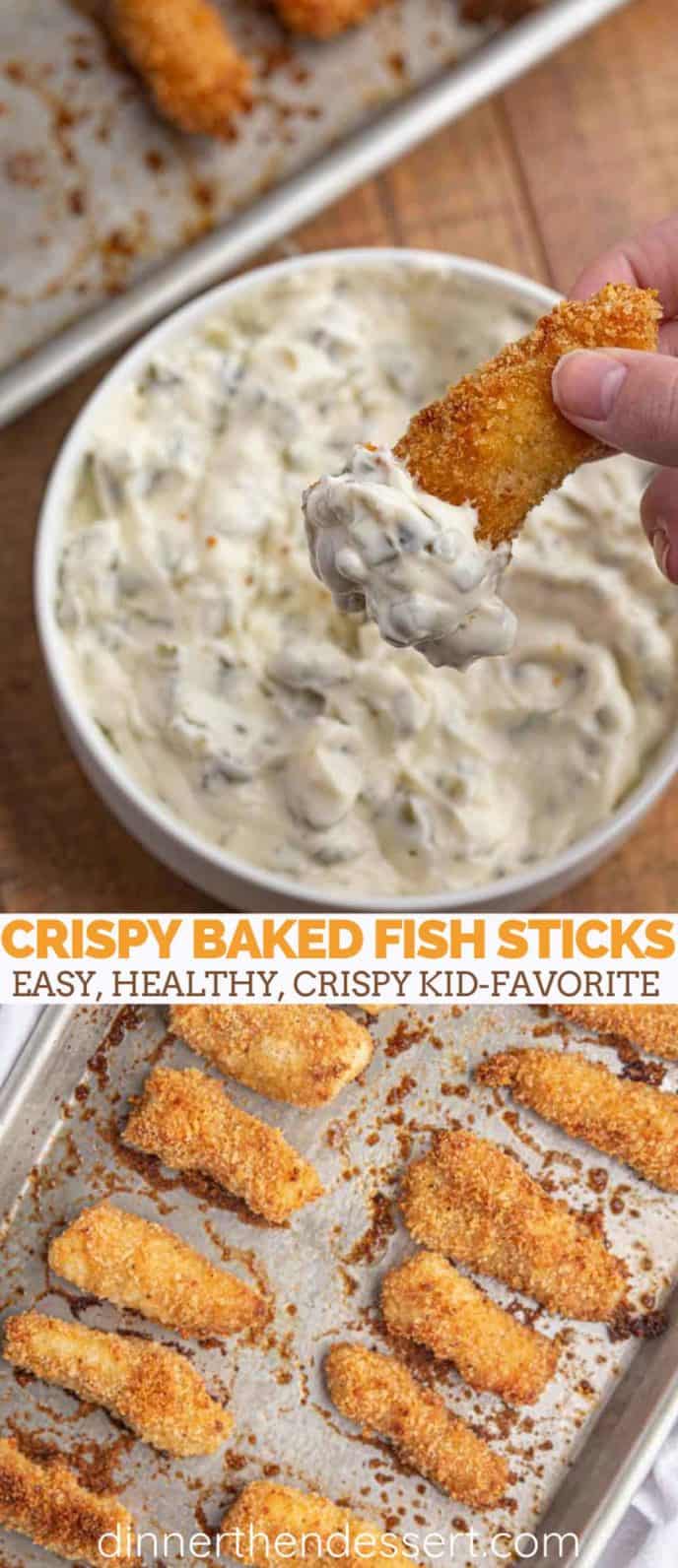 Baked fish sticks in a pan and with tartar sauce
