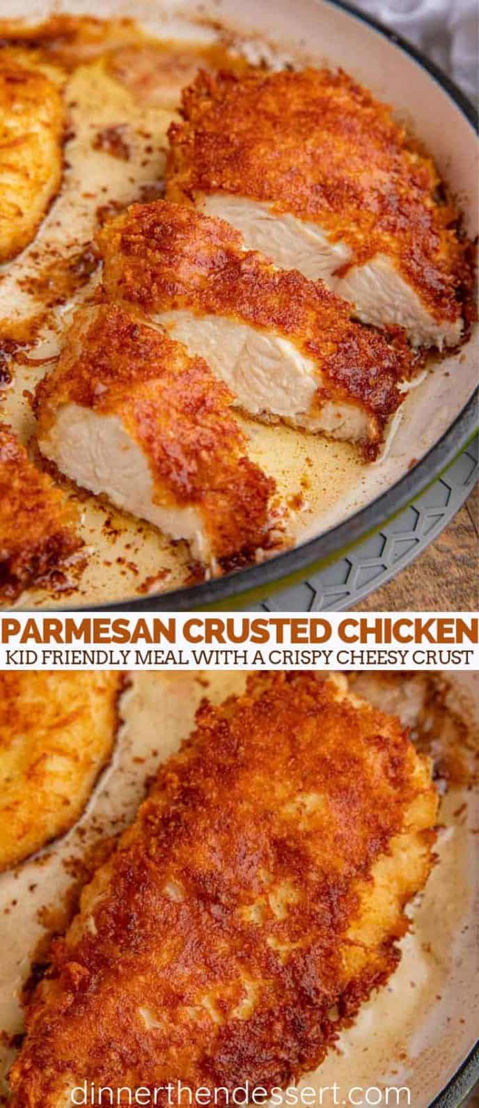 Cut parmesan crusted chicken in pan