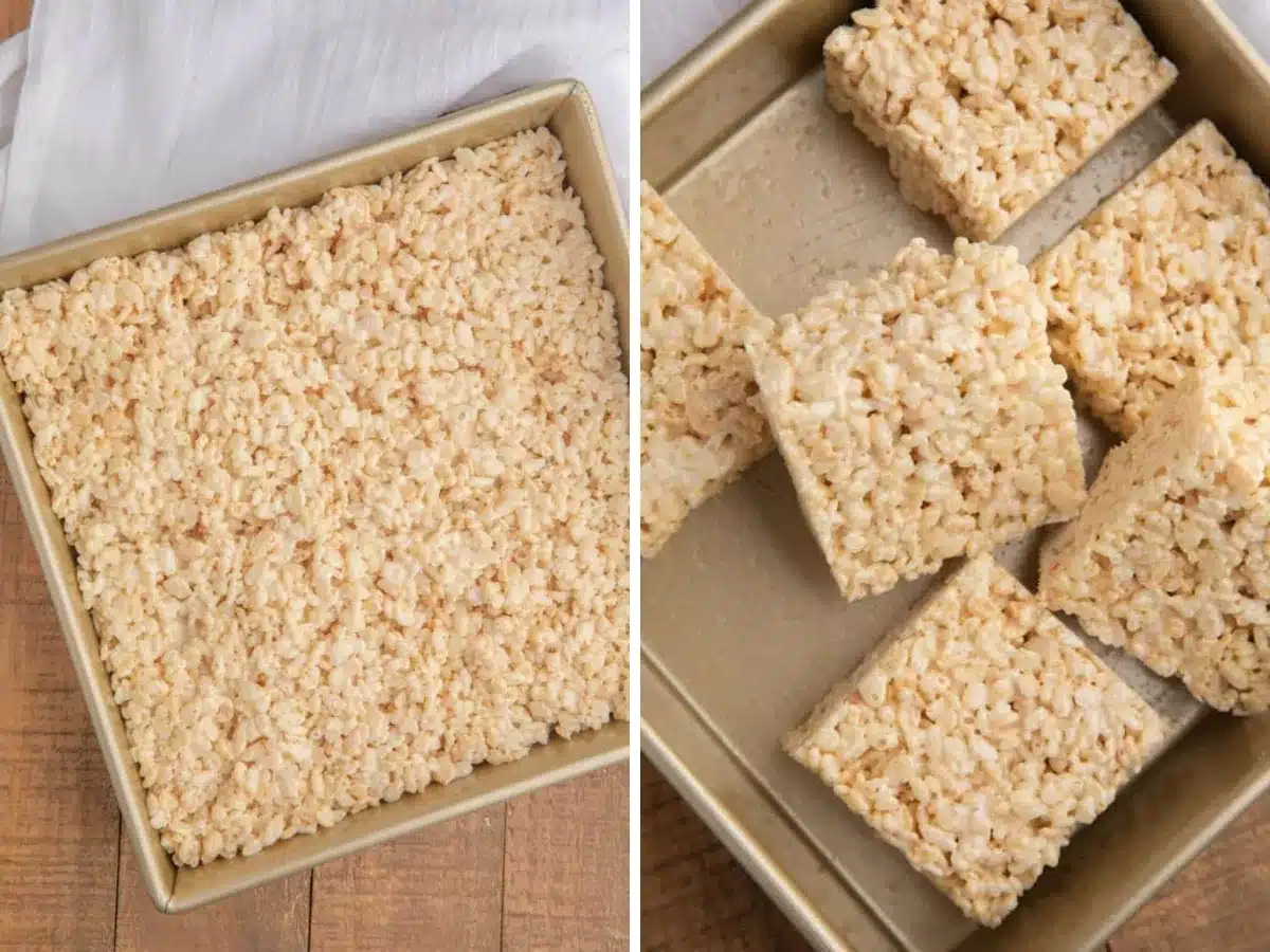 collage of krispies in pan and being cut into squares