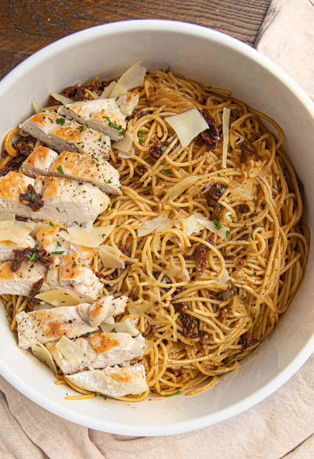 Chicken pasta dish in a large serving bowl