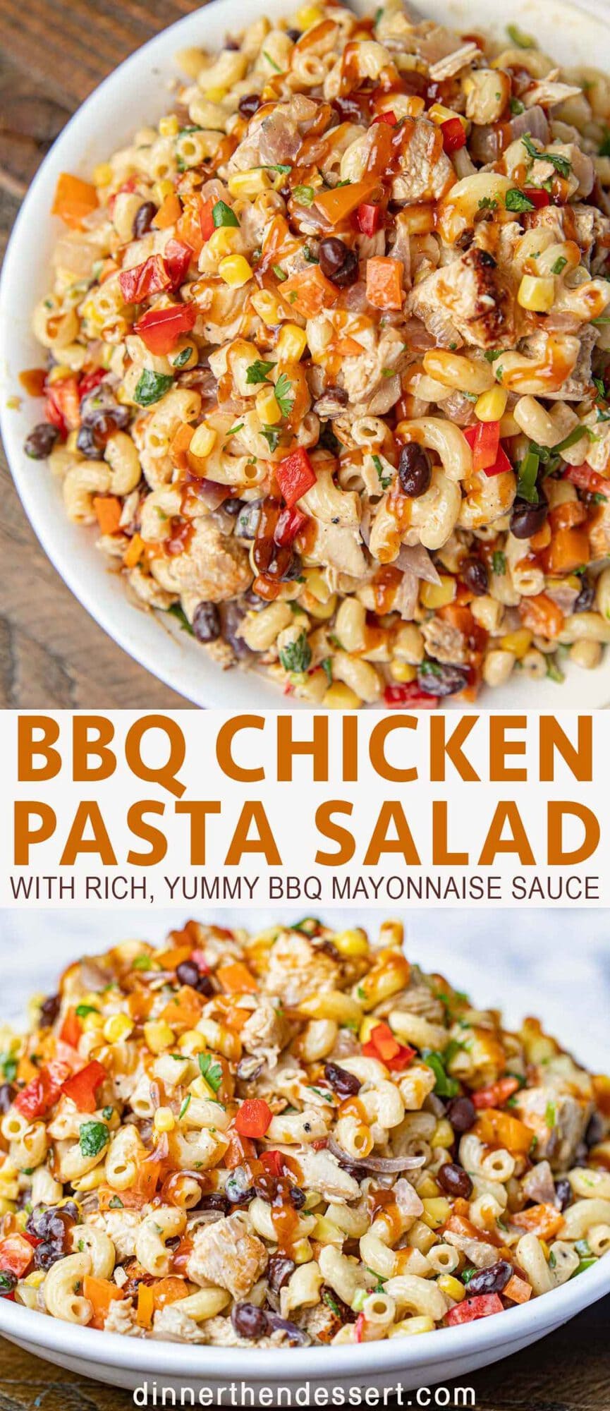 Collage of finished pasta salad in a white bowl