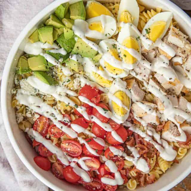 Cobb Pasta Salad with Ranch Dressing in bowl