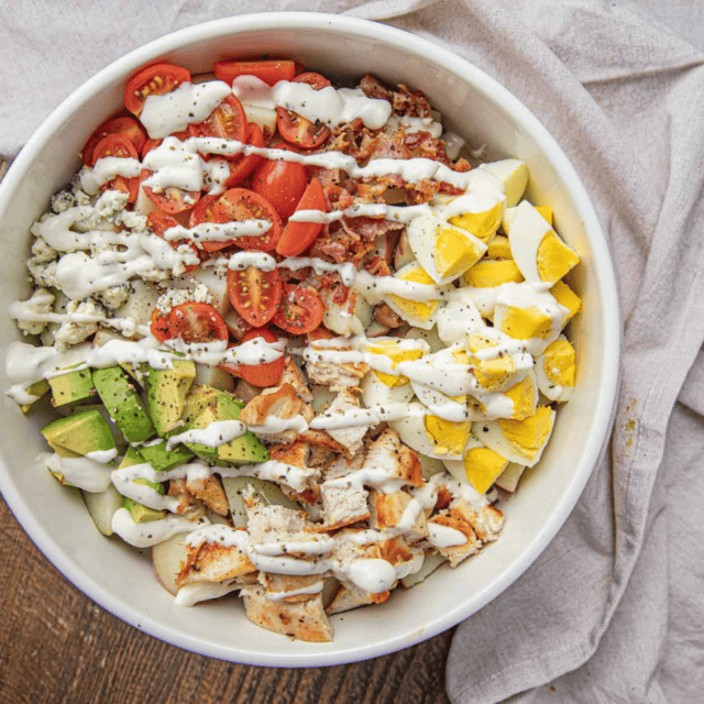 Mixed ingredients topped with dressing