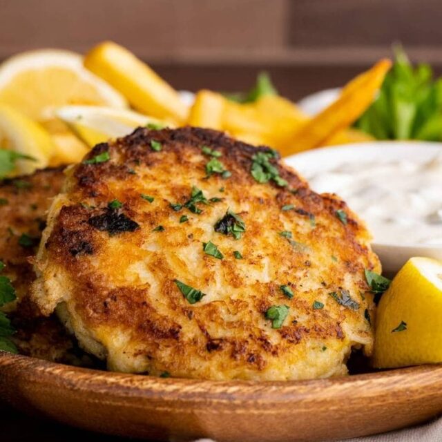 Crab Cakes on plate with lemon wedge