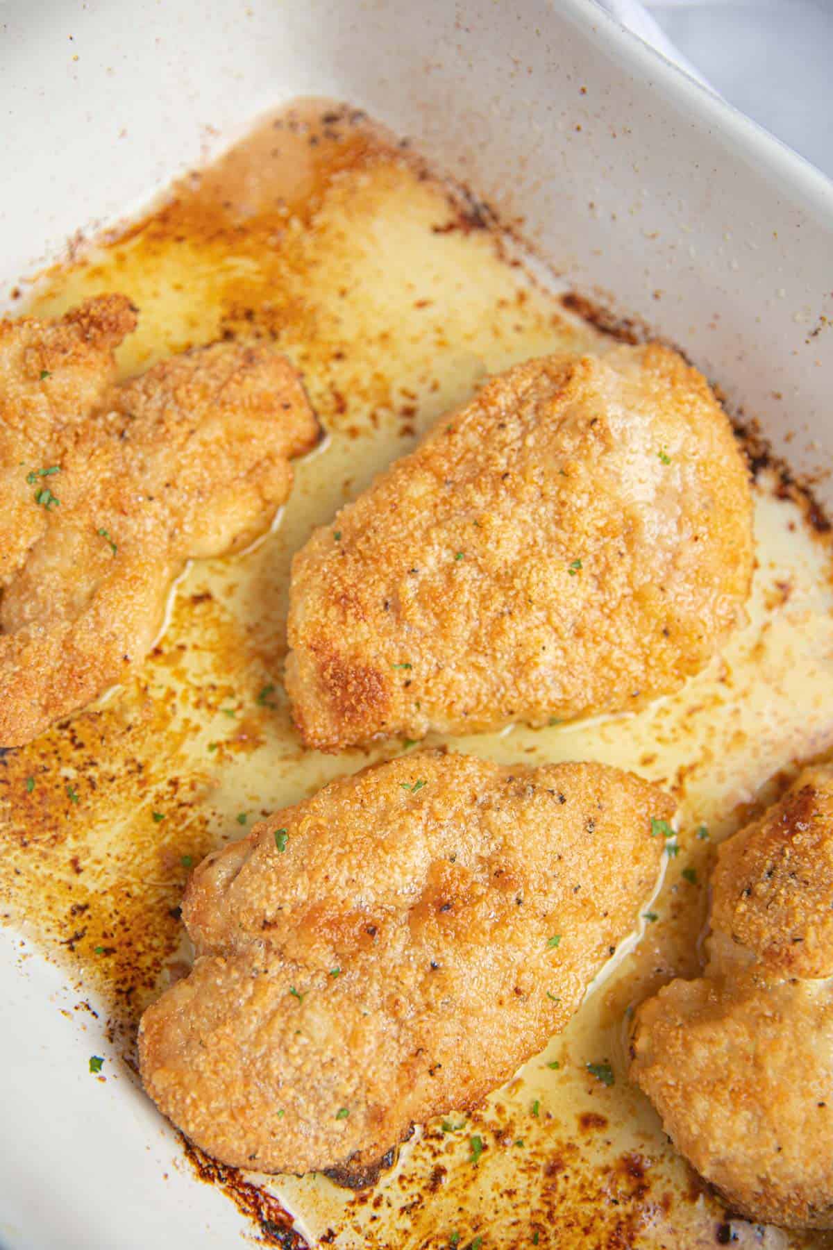 Crispy Butter Chicken in white baking dish