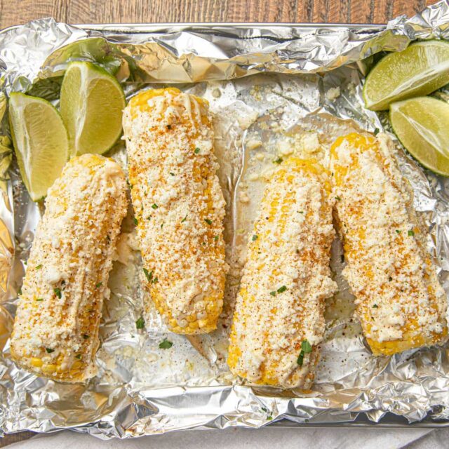 Mexican street corn on baking sheet