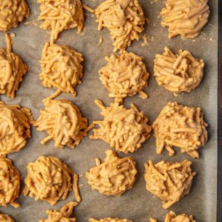 Peanut Butter Butterscotch Haystack Cookies on baking sheet