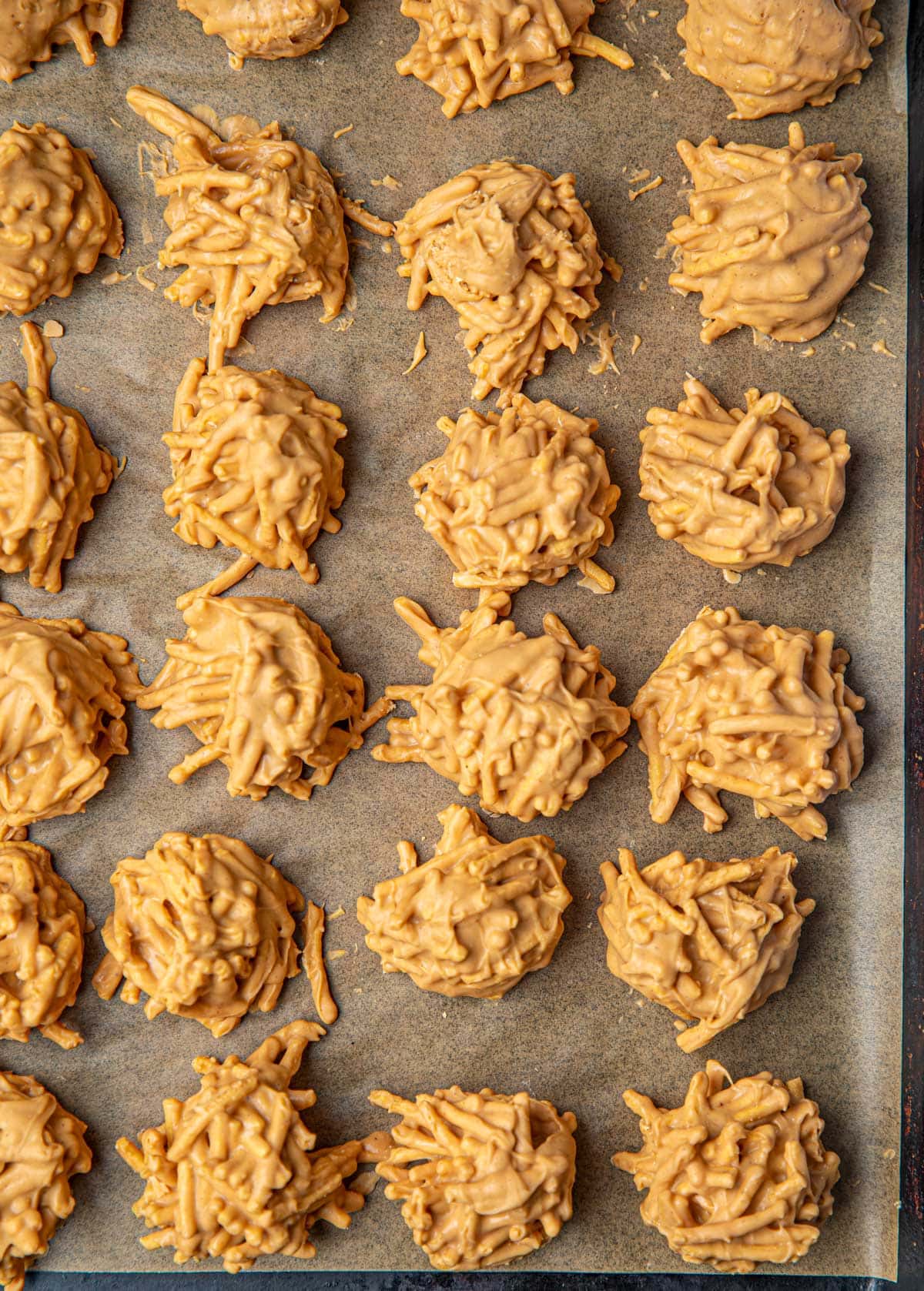 Peanut Butter Butterscotch Haystack Cookies on baking sheet