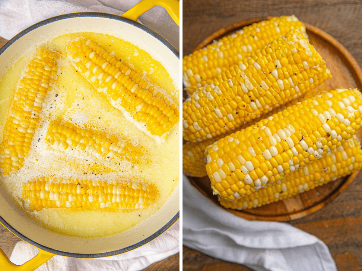 collage of corn in a pot and corn on a plate 