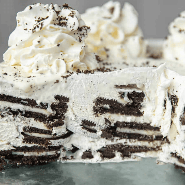 cake with slice taken to see all the Oreo layers