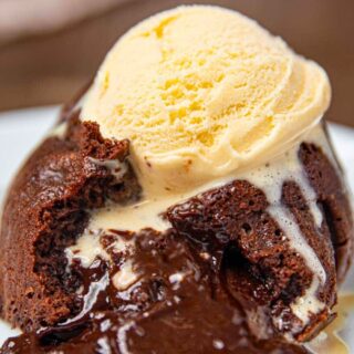 Inside of cake with ice cream topping