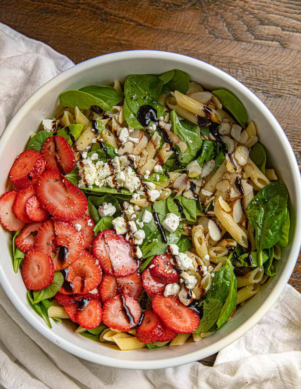 Strawberry Spinach Pasta Salad with balsamic drizzle