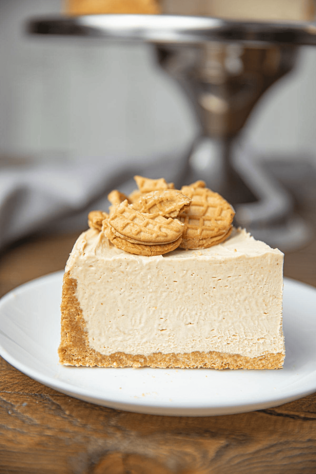 Slice of no-bake pie on a white plate