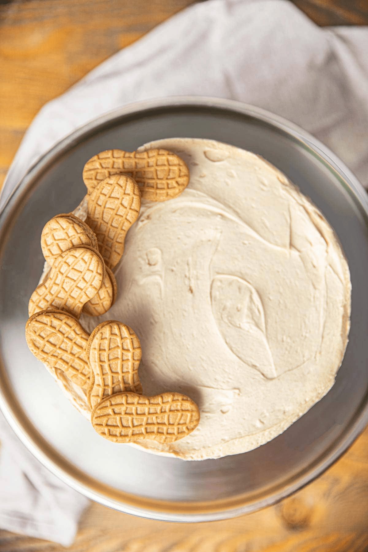 Pie with nutter butters on top shown from above