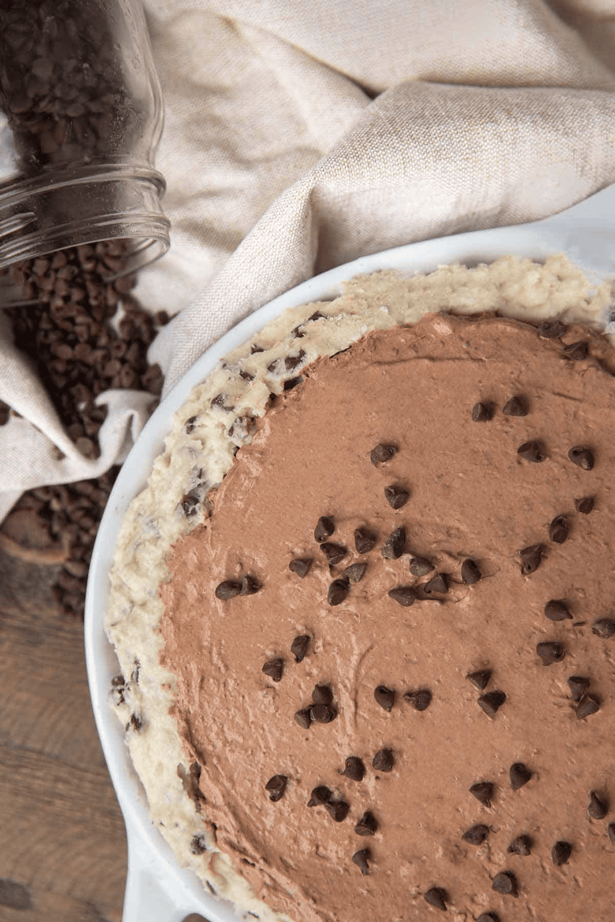 Pie shown from above with chocolate chip topping