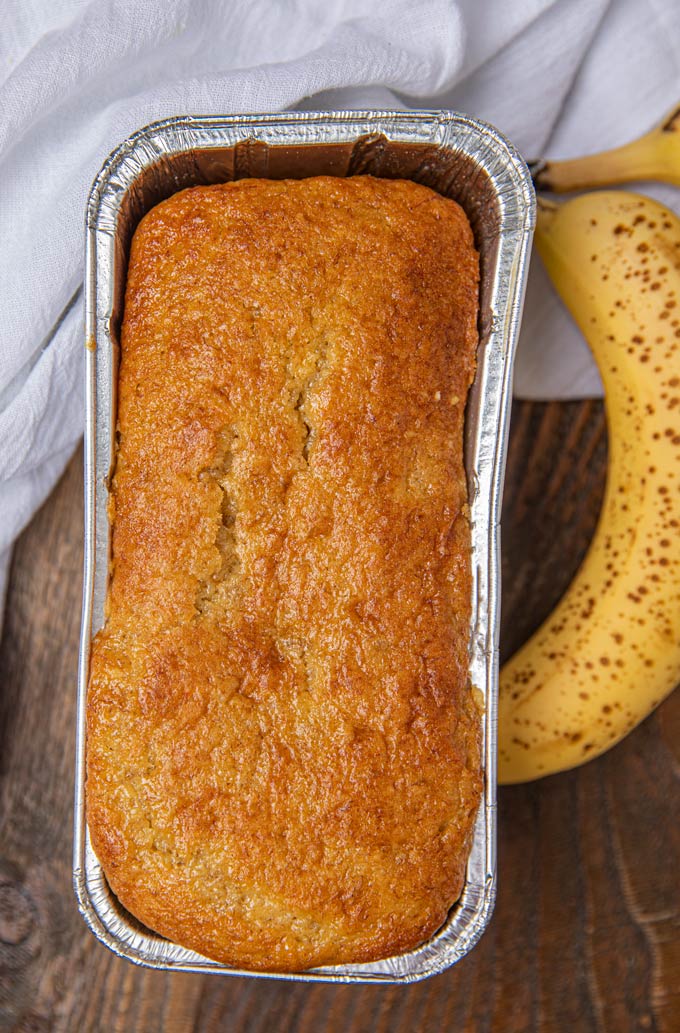 Cake Mix Banana Bread in loaf pan