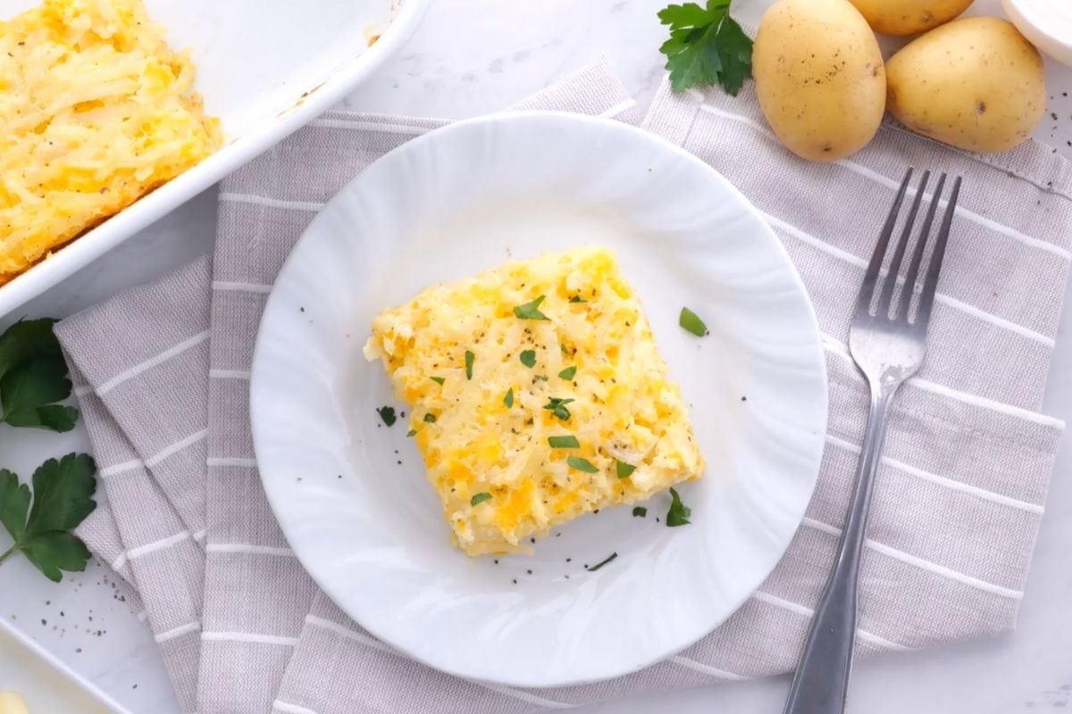 Cracker Barrel Hash Brown Casserole square on plate