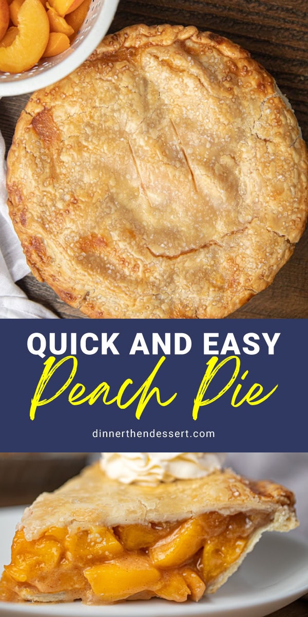 Whole peach pie and a single slice shown