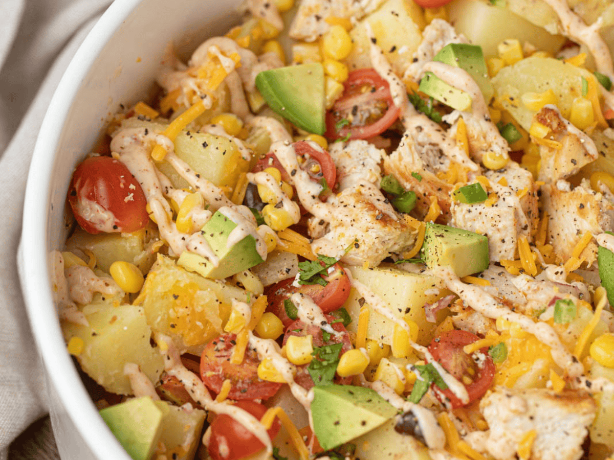 Closeup of the mixed ingredients with dressing