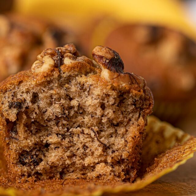Banana Bread in muffin with walnuts on top