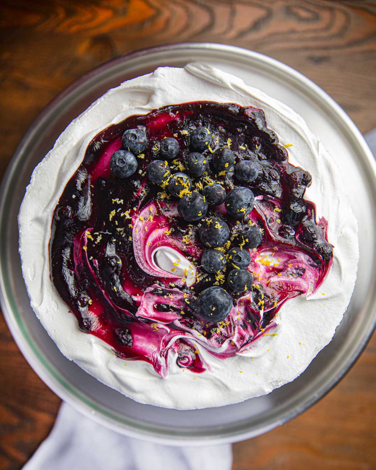 Blueberry Lemon Icebox Cake on Stand from top down