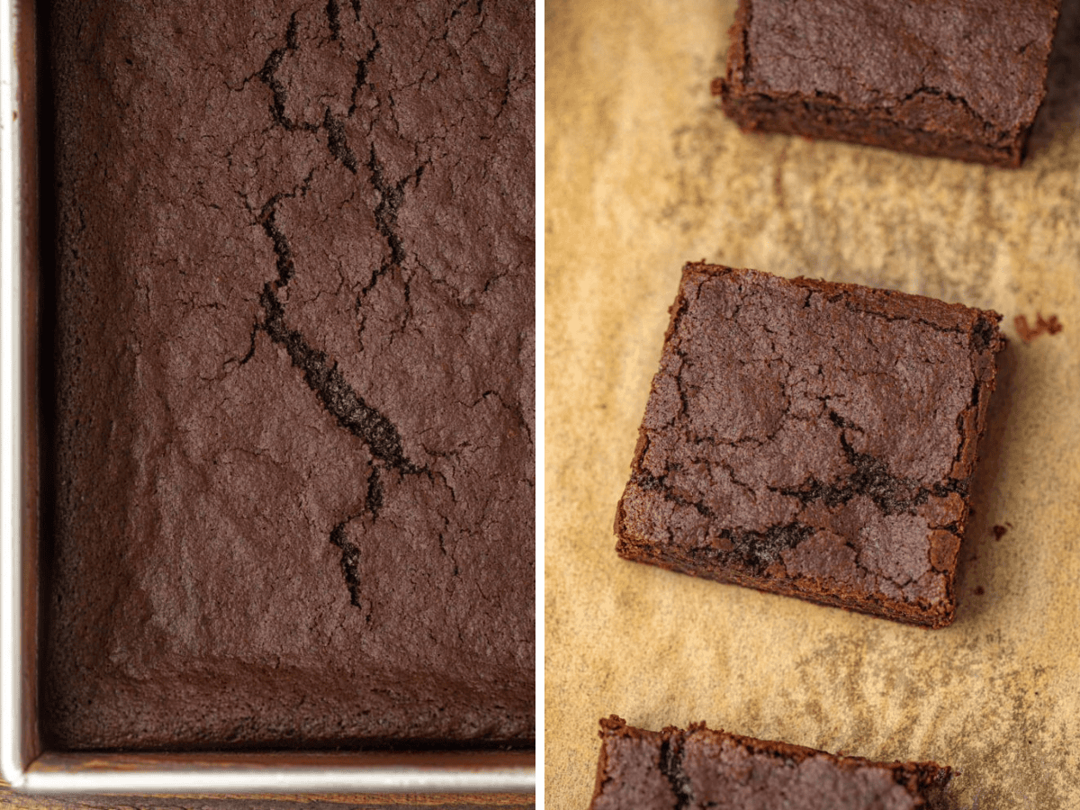 chocolate dessert in a tray and squares on a sheet pan 