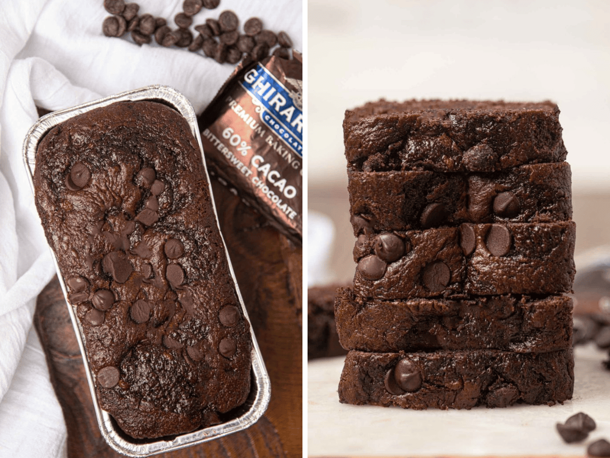 Collage of chocolate bread in pan and sliced