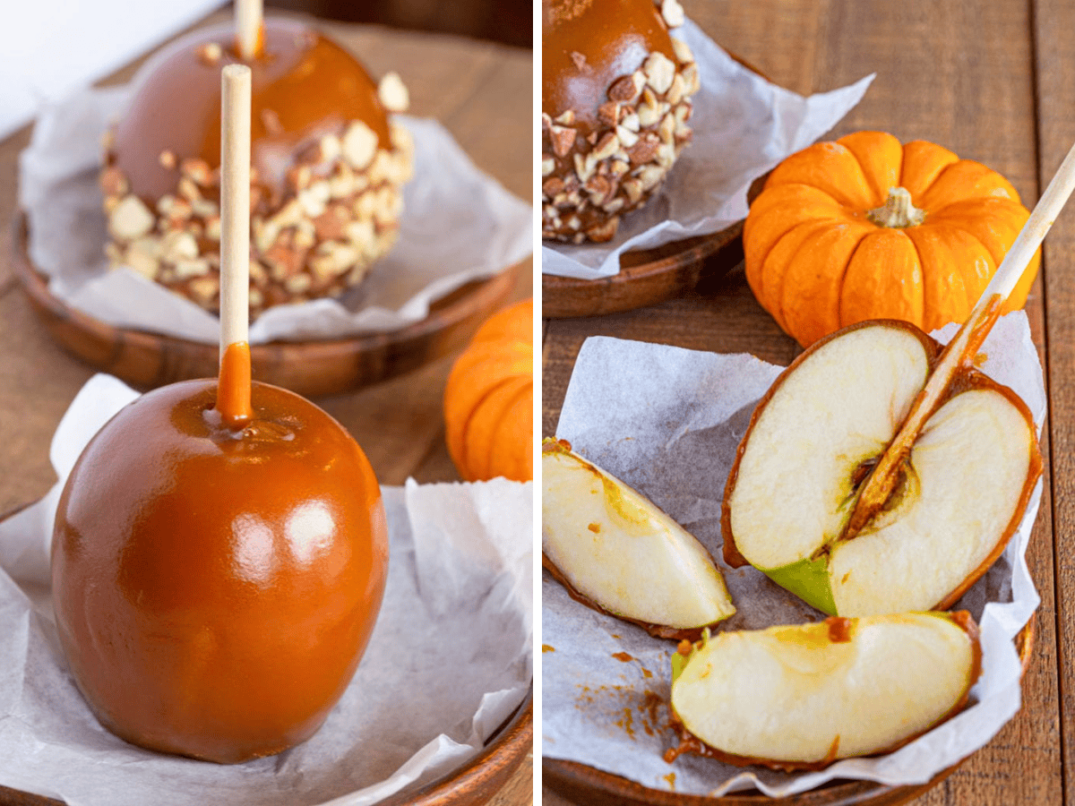 Collage of bare caramel dipped apple and sliced apple with caramel