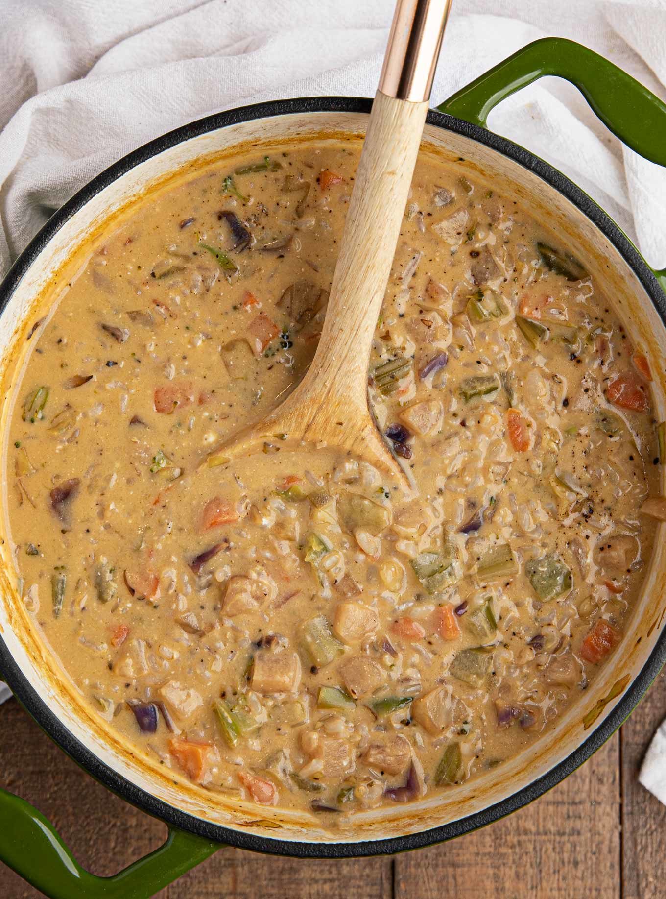 Vegetable and Rice Soup in a green pot