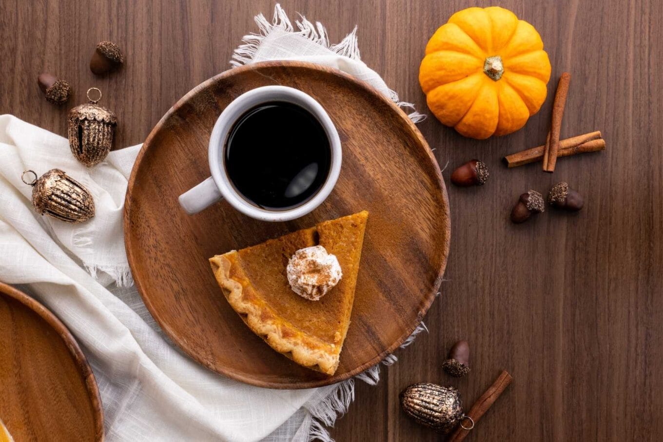 Pumpkin Pie slice on plate with coffee